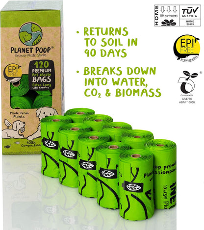 PLANET POOP Home Compostable Dog Poop Bags Extra-long with Handles 120 Un-Scented Pet Waste Bags