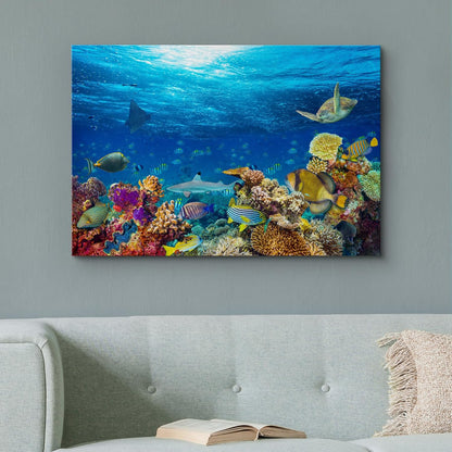 wall26 Canvas Print Wall Art Vibrant Sunshine Ray Coral Reef Turtle Fish Nature Animals Photography