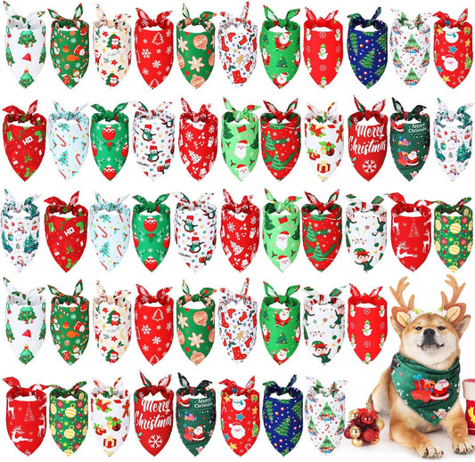 Abbylike 50 Pcs Christmas Dog Bandanas Bulk Xmas Bandanas for Dogs Triangle Kerchief Bibs Scarf Set