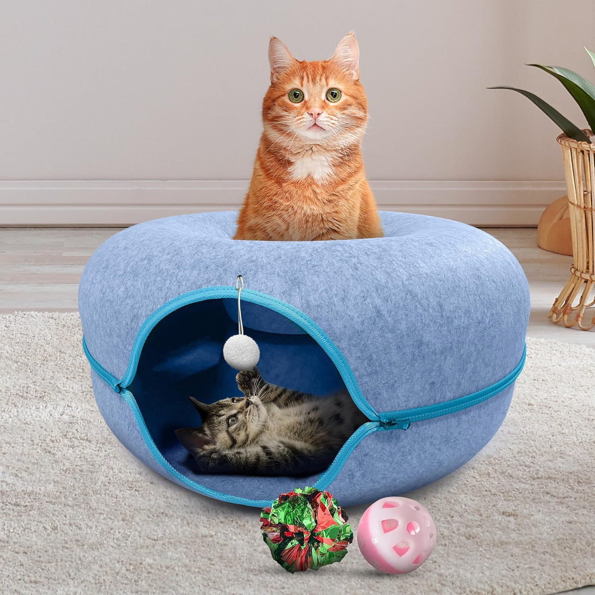 Okoco Cat Tunnel Bed for Indoor Cats Large, 24" Peekaboo Cat Cave Donut Bed for Pets up to 45lbs