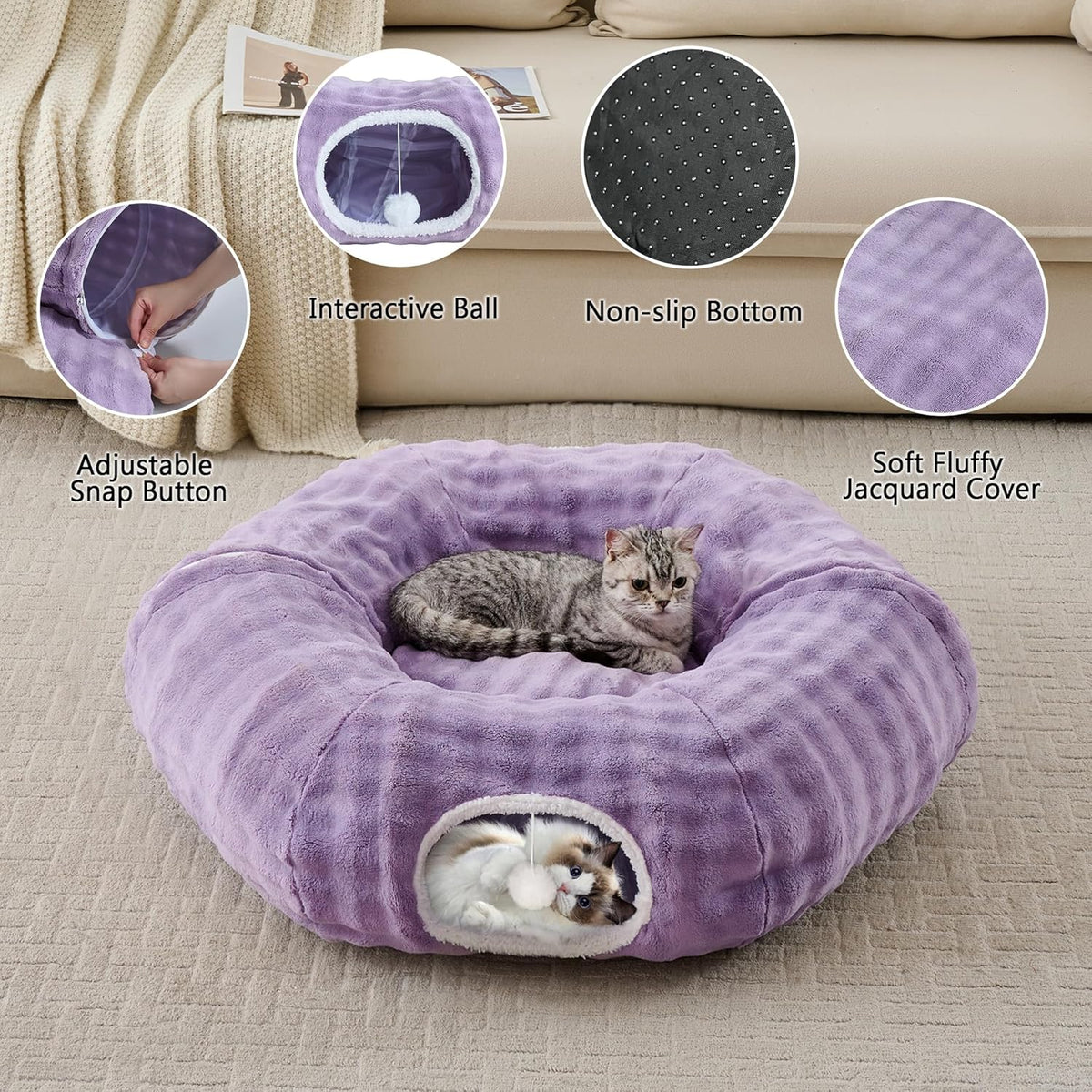 Bubble Cat Tunnel for Indoor Cats, Round Peekaboo Cave Toy with Dangling Balls, Donut Tunnel Bed