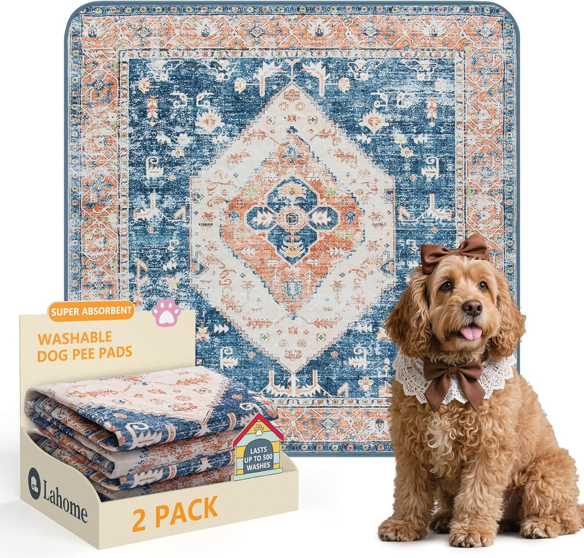 Lahome Super Absorbent & Leakproof Washable Dog Pee Pads - 2 Pack Value Set - Waterproof, Non-Slip