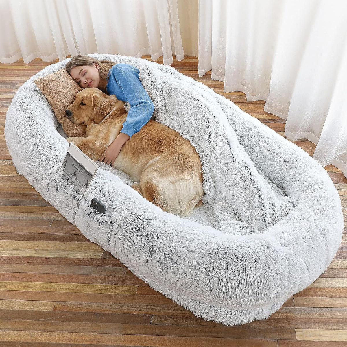 Human Dog Bed - 71"x45"x12" Fits You & Pets, Washable Faux Fur, Orthopedic, Plump Pillow, Blanket