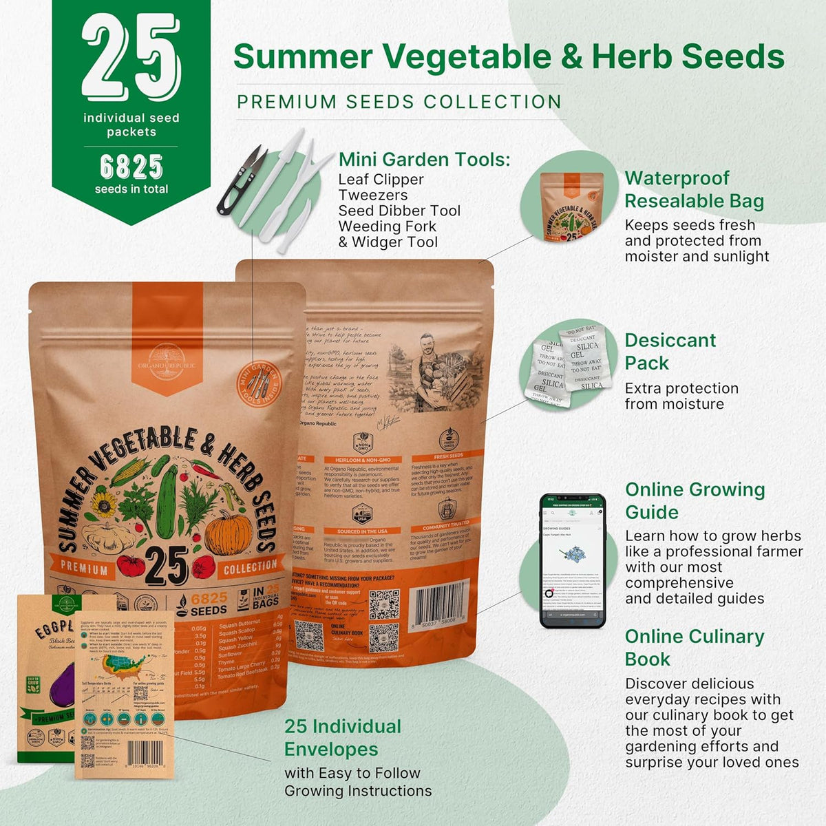 Organo Republic 25 Summer Vegetable & Herb Garden Seeds Variety Pack - 6,820+ Non-GMO Heirloom