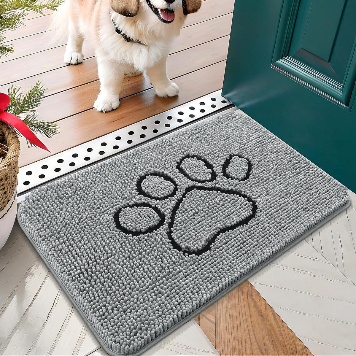 OLANLY Door Mat for Muddy Dog Paws 24x16, Ultra Absorbent Chenille Mud Doormat with Paw Print