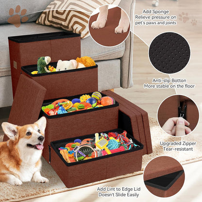Dog Stairs with Condo 23" H, 4-Step Wider Dog Steps for High Beds Window, Folding Storage Pet