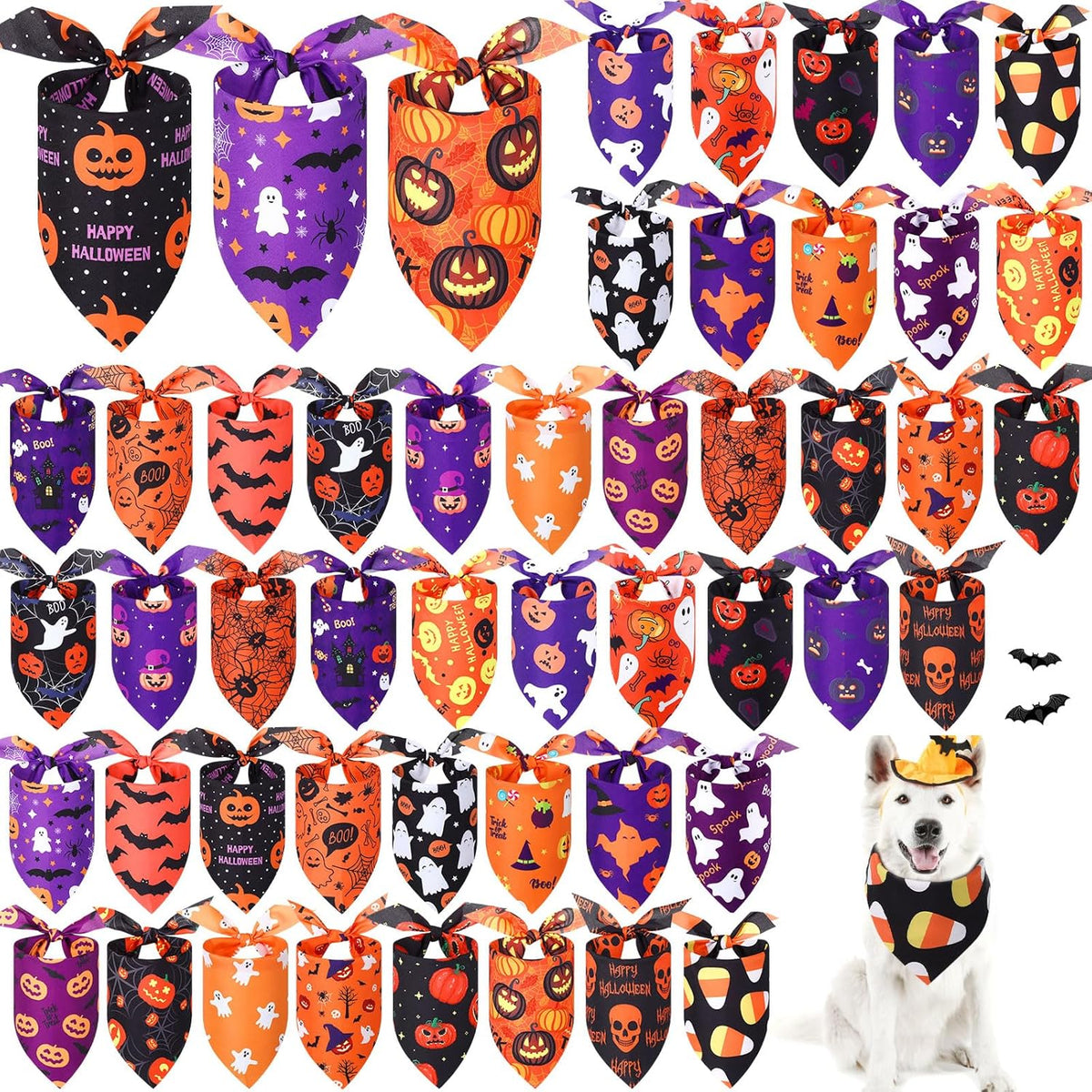 Abbylike 50 Pcs Halloween Dog Bandanas Bulk Pumpkin Bandanas for Dogs Triangle Kerchief Bibs Scarf