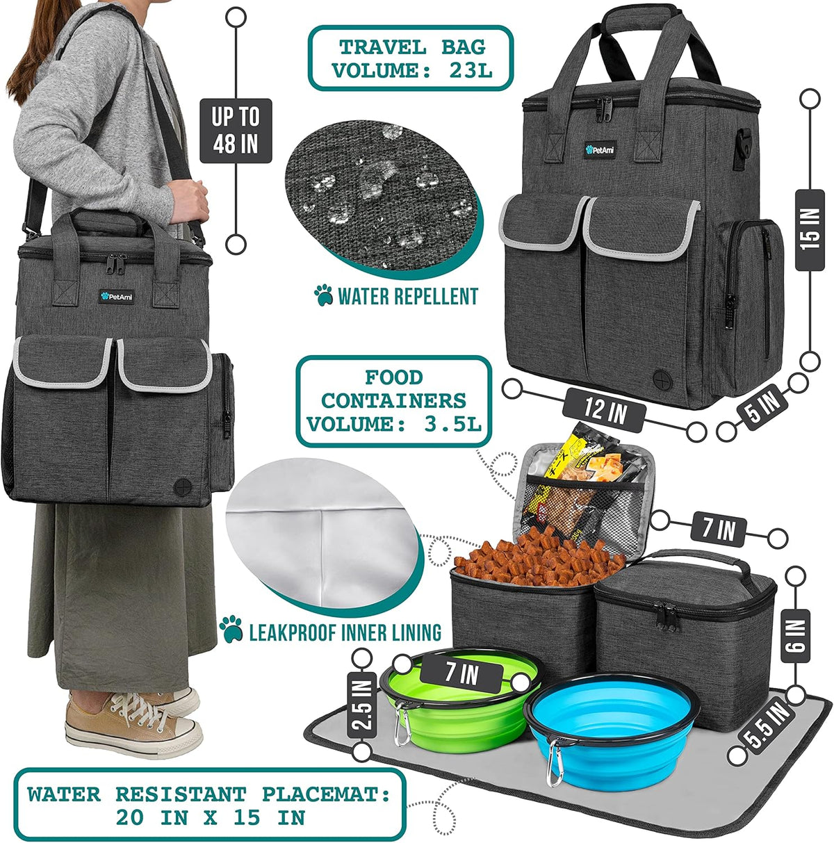 PetAmi Dog Travel Bag Pet Supplies Accessories Organizer for Traveling, Camping, Weekend; Cat Pet