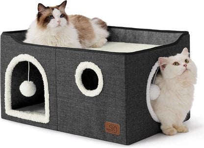 Bedsure Large Cat Beds for Indoor Cats - Extra Wide Cat Cube House for Small Pet with Fluffy Ball