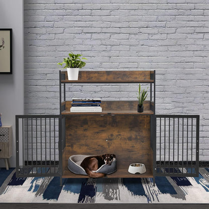 MCombo Furniture Style Dog Crate with Storage Shelves, Heavy Duty Wooden Dog Cage End Table, Triple