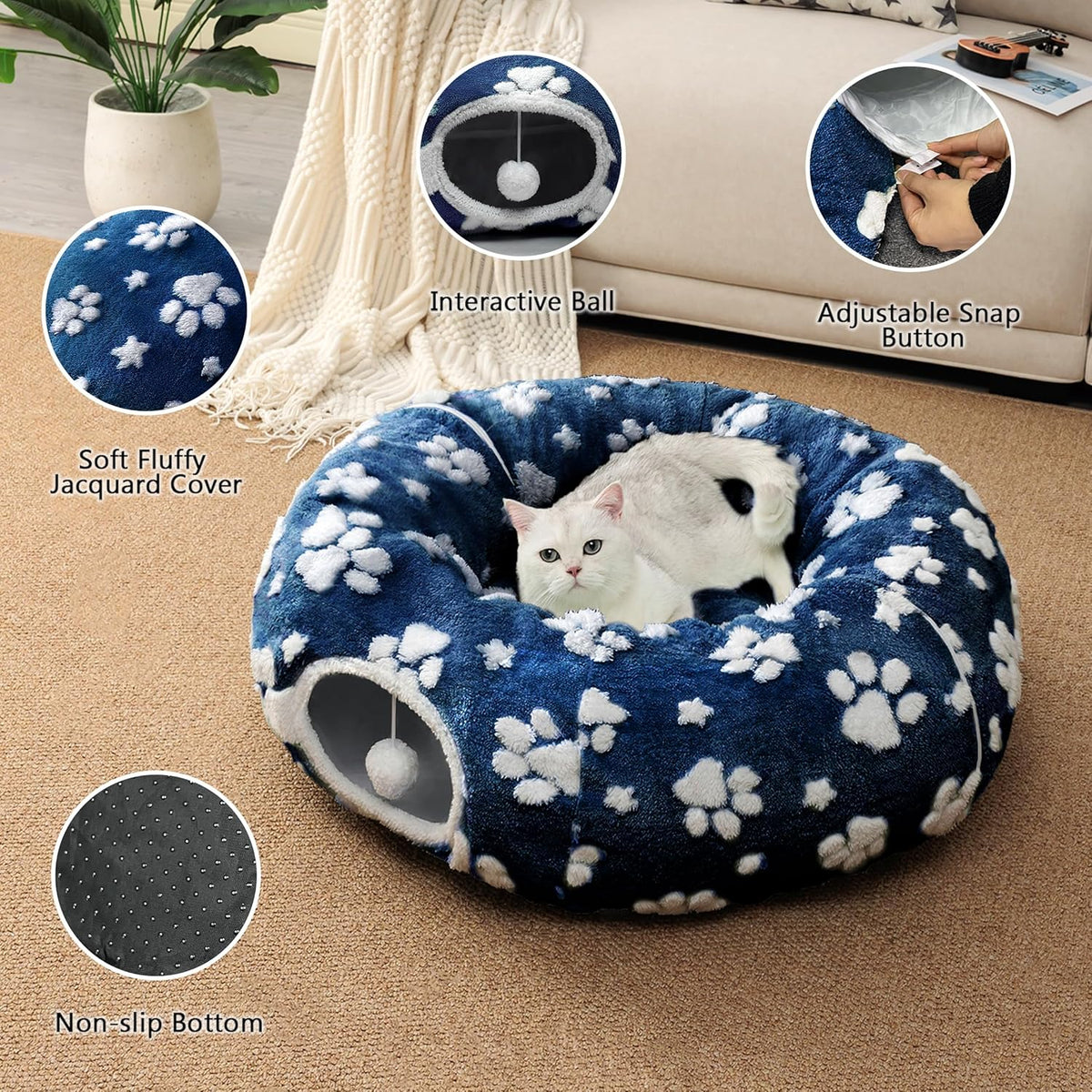 Cat Tunnel for Indoor Cats, Cute Peekaboo Cat Cave with Dangling Balls, Pet Donut Tunnel Bed with