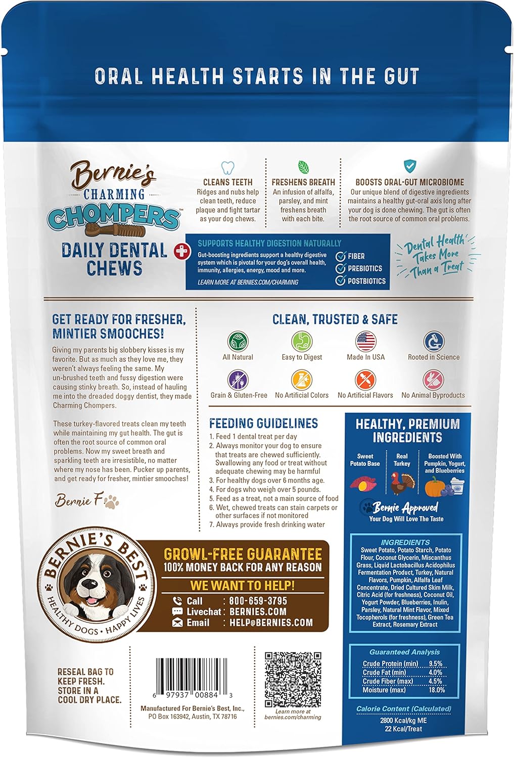 Bernie's Charming Chompers - Daily Dental Chews for Dogs 5-15 Lbs. - 22 Count - Cleans Teeth
