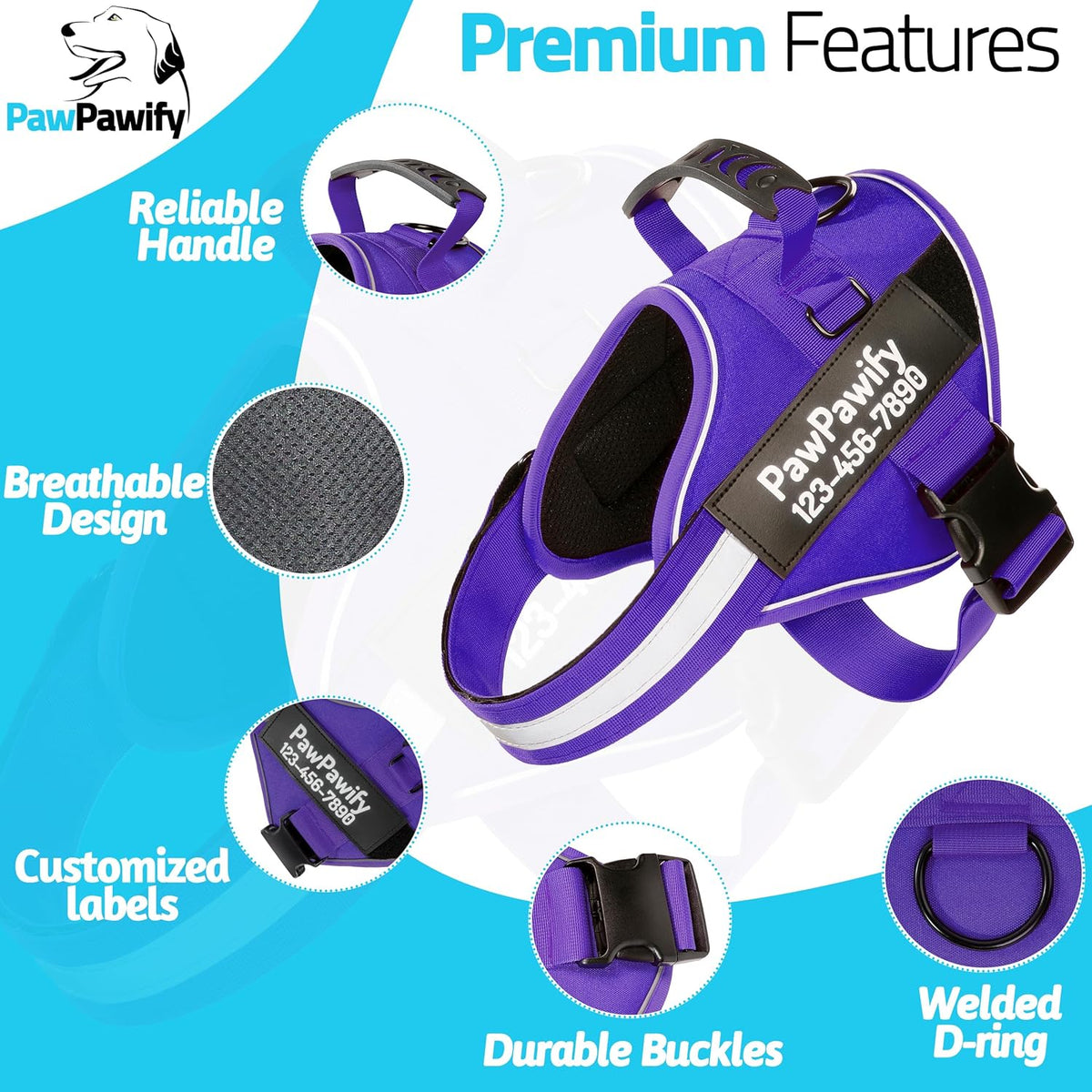 PawPawify Custom No Pull Dog Harness with Name and Phone Number, Heavy Duty Personalized Pet Vest