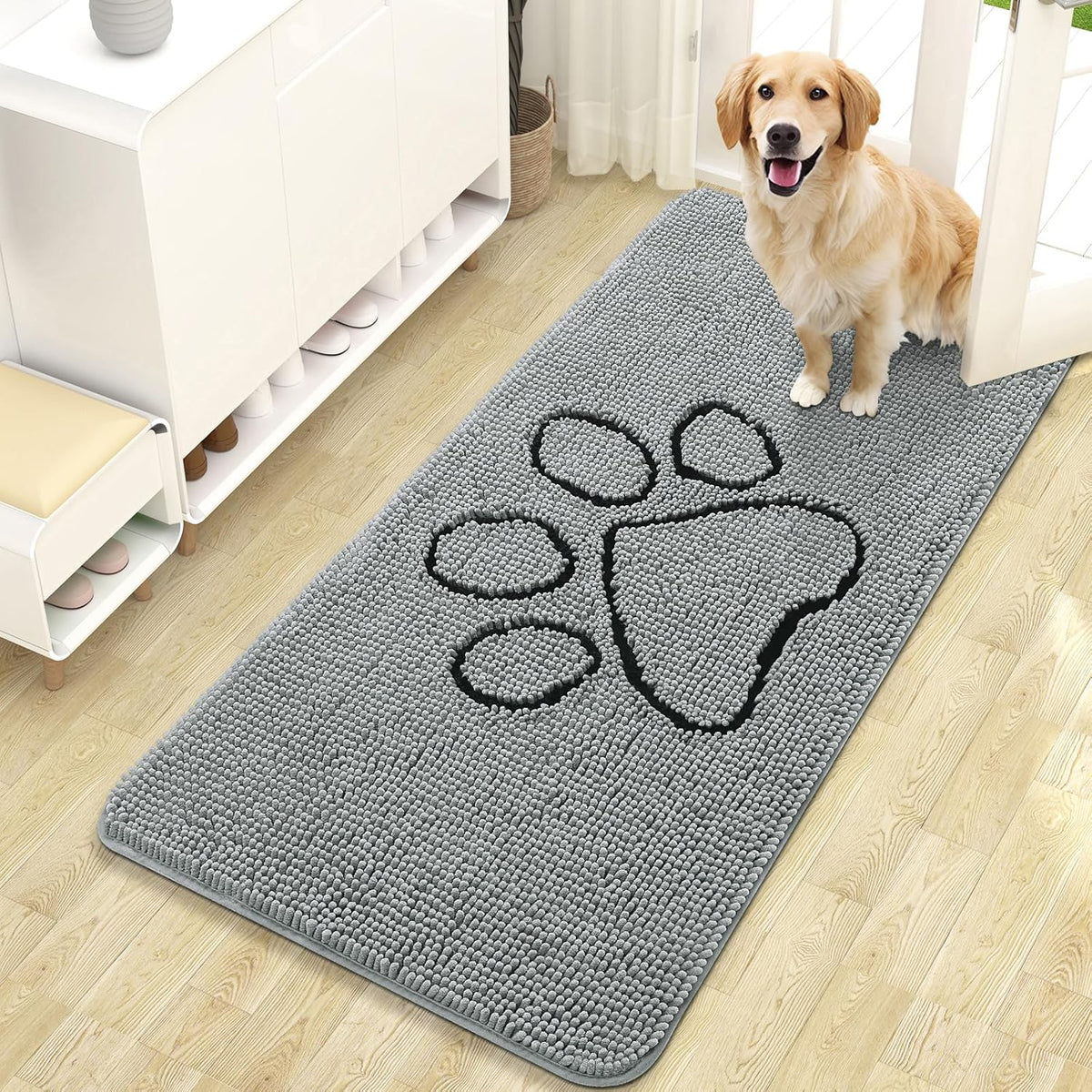 OLANLY Door Mat for Muddy Dog Paws 47x24, Ultra Absorbent Chenille Mud Doormat with Paw Print