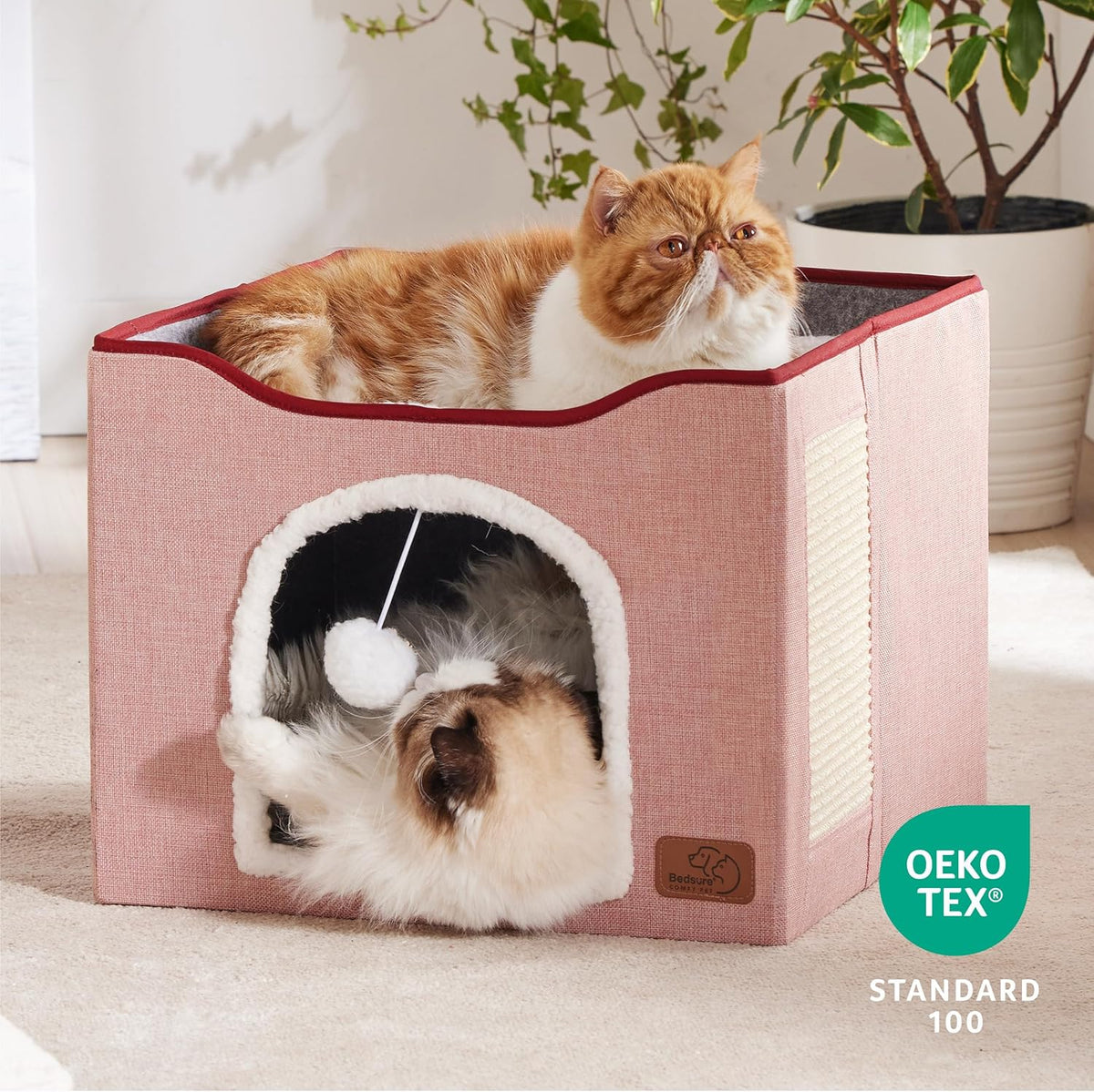 Bedsure Cat Beds for Indoor Cats - Large Cat Cave for Pet Cat House with Fluffy Ball Hanging and