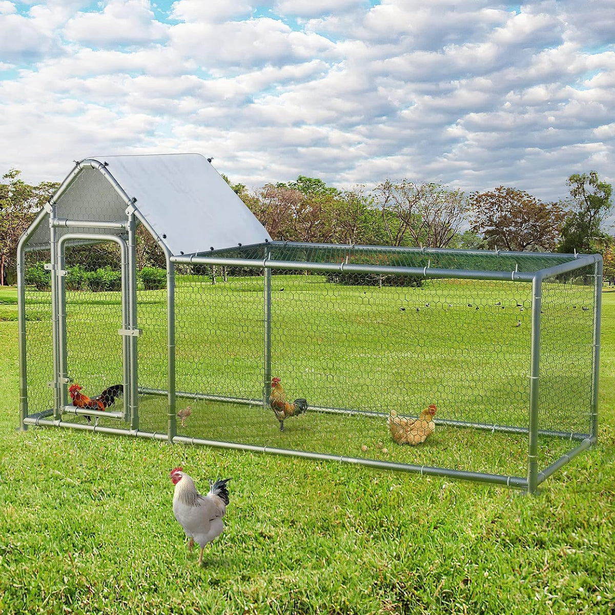 LEMBERI Small Metal Chicken Coop, Walk-in Chicken Run,Galvanized Wire Poultry Chicken Hen Pen Cage