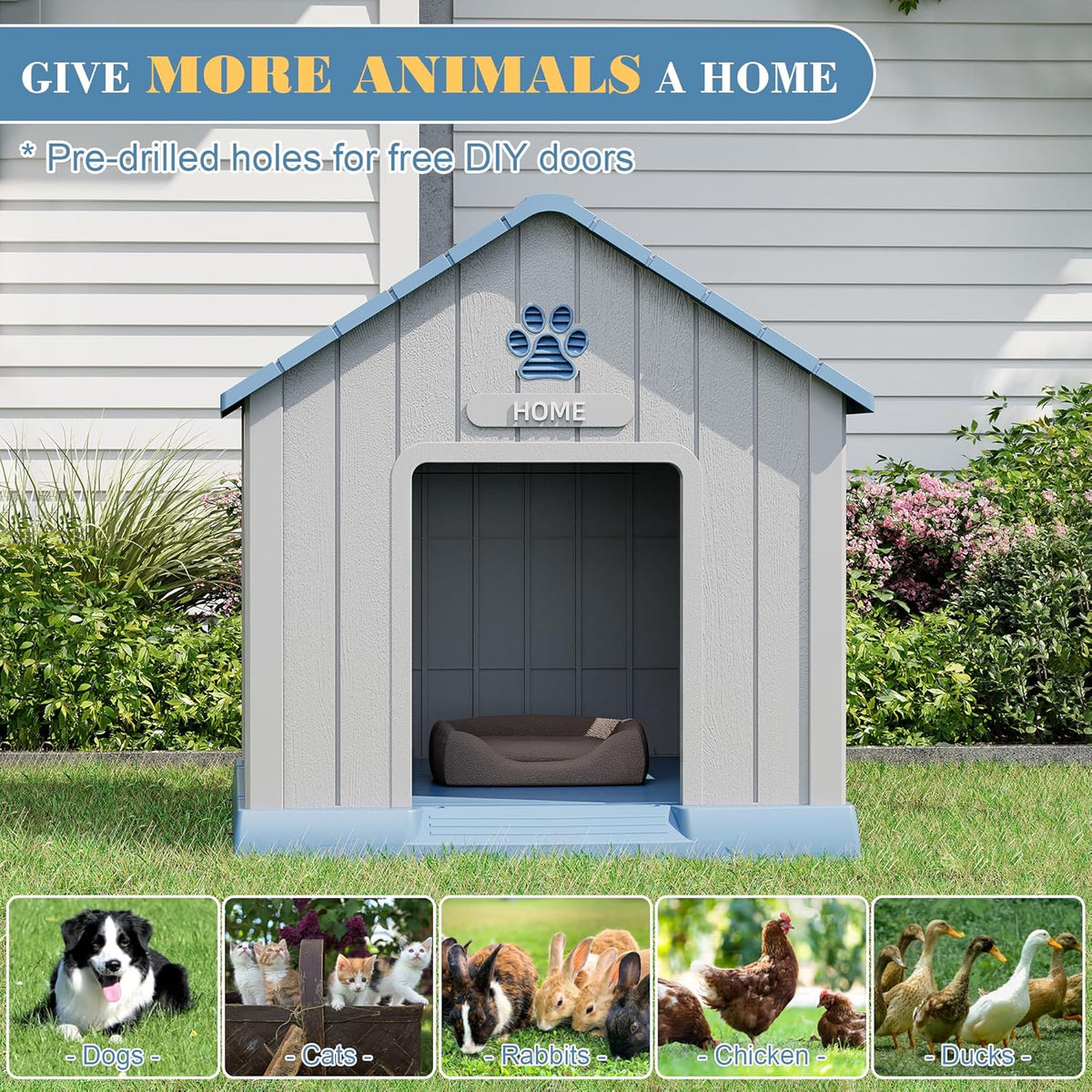 Large Dog House Outdoor Indoor for Medium Large Dogs, Durable Plastic Waterproof Doghouse with Air