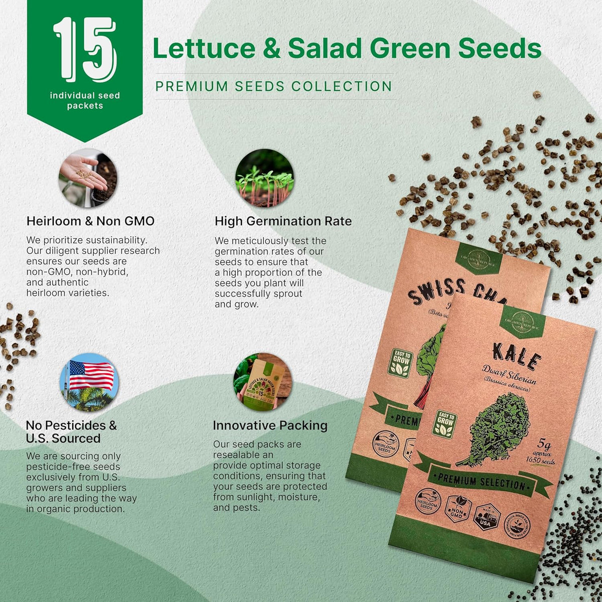 Organo Republic 15 Lettuce & Salad Greens Seeds Variety Pack 17700+ Non-GMO Heirloom Lettuce Seeds