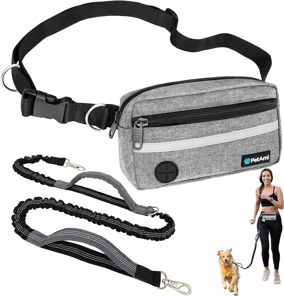 PetAmi Hands Free Dog Leash, Running Leash Belt Walking, Jogging, Waist Zipper Pouch with Poop Bag