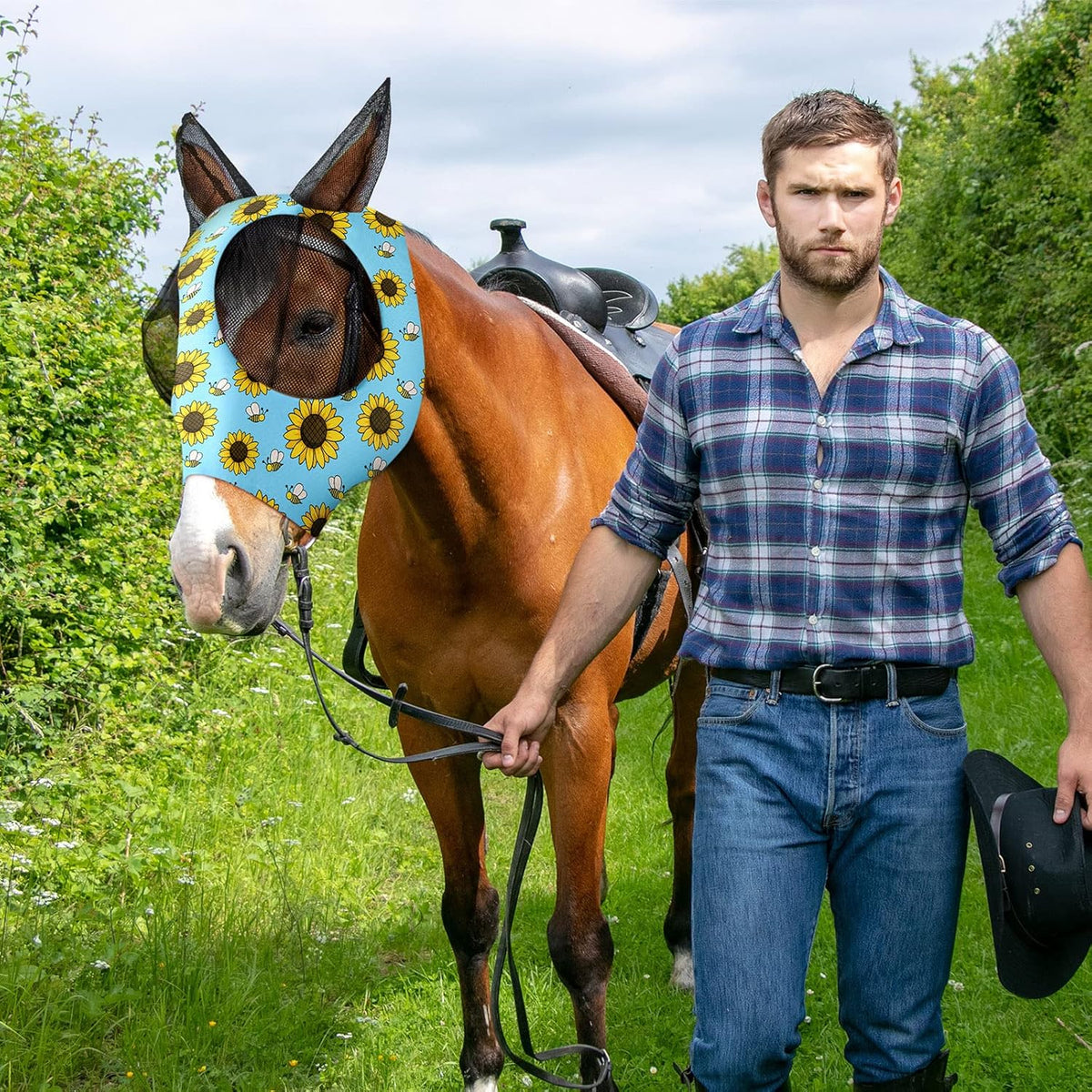 Frienda 4 Pieces Horse Fly Masks with Ears Face Covering UV Protection from Insect Pests Elasticity