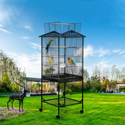 Bird Cage 47 inch Wrought Iron Parakeets Cage with Play Open Top and Rolling Stand Medium Small