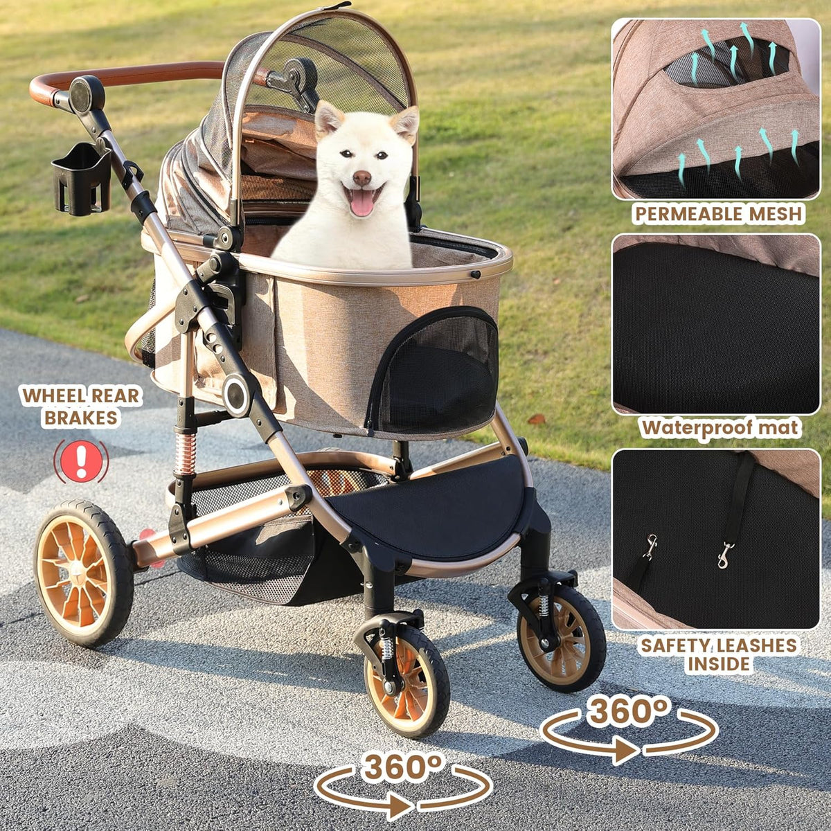Pet Stroller with 4 Wheels, Foldable Pet Travel Carrier for Small/Medium Dogs Cats up to 50lbs