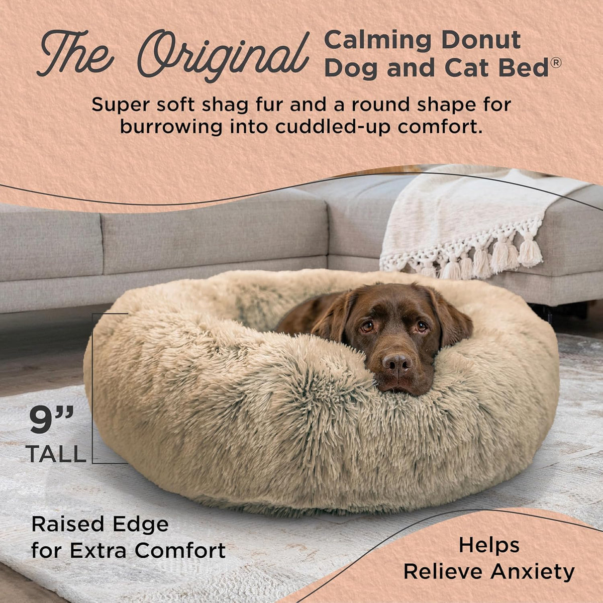 Best Friends by Sheri Original Calming Donut Dog and Cat Bed, Shag Faux Fur, Taupe, (36in x 36in)