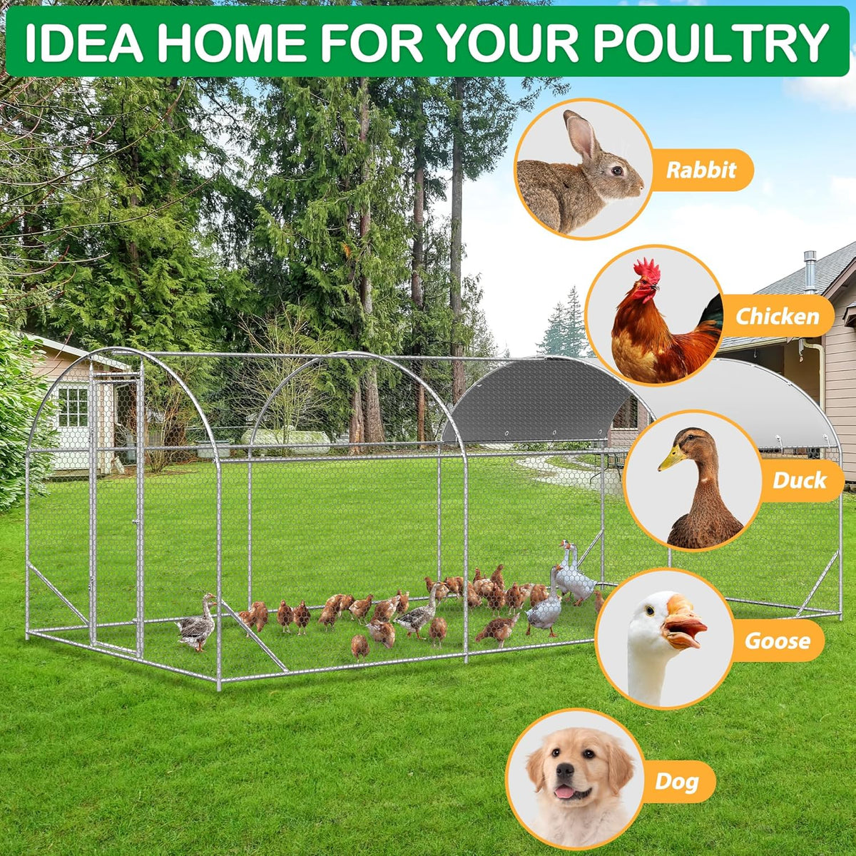Large Metal Chicken Coop, Walk-in Chicken Run Pen with Waterproof Cover, Dome Roof Poultry Cage for