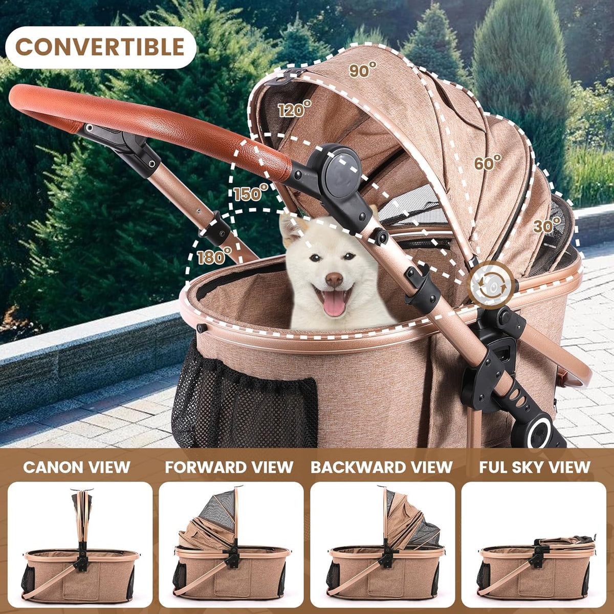 Pet Stroller with 4 Wheels, Foldable Pet Travel Carrier for Small/Medium Dogs Cats up to 50lbs