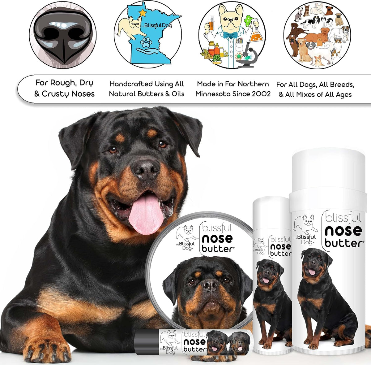 The Blissful Dog Rottweiler Nose Butter for Dry, Cracked Skin, Lick-Safe Dog Nose Balm with