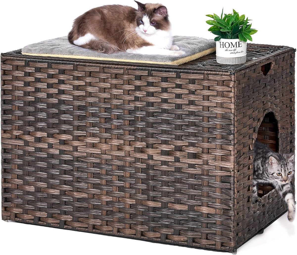 Cat Litter Box Enclosure with Litter Trapping Mat; Handwoven Plastic Rattan Kitten House; No