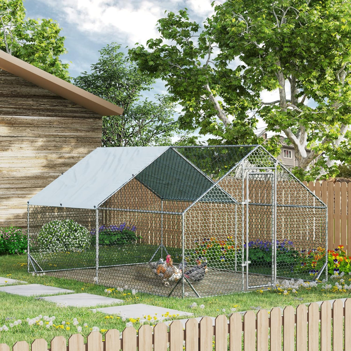 4ever2buy Large Metal Chicken Coop with Run Walk-in Poultry Cage Chicken Runs House Pen Cage Spire