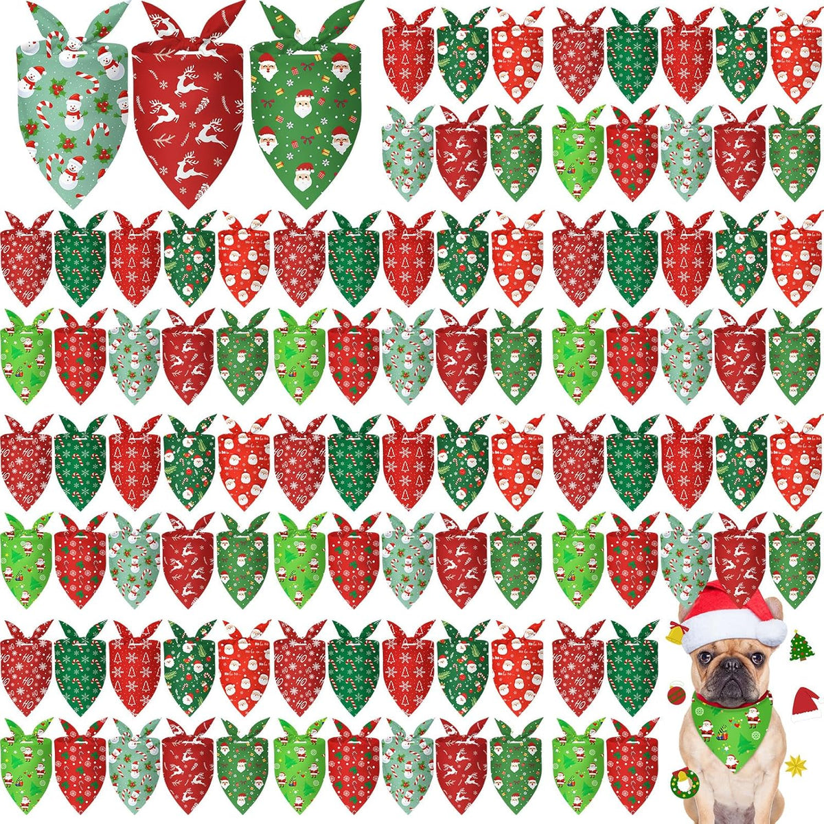 100 Pcs Christmas Dog Bandanas Bulk Xmas Santa Snowflakes Bandanas Adjustable Soft Bibs Triangle