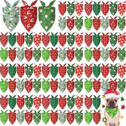 100 Pcs Christmas Dog Bandanas Bulk Xmas Santa Snowflakes Bandanas Adjustable Soft Bibs Triangle