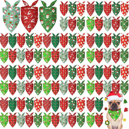 100 Pcs Christmas Dog Bandanas Bulk Xmas Santa Snowflakes Bandanas Adjustable Soft Bibs Triangle