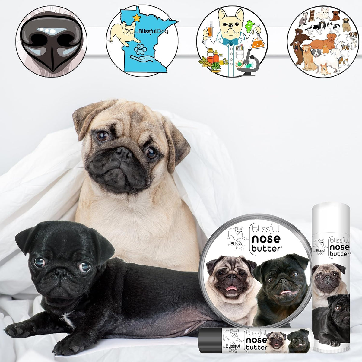 The Blissful Dog Pug Duo Nose Butter for Dry, Cracked Skin, Lick-Safe Dog Nose Balm with