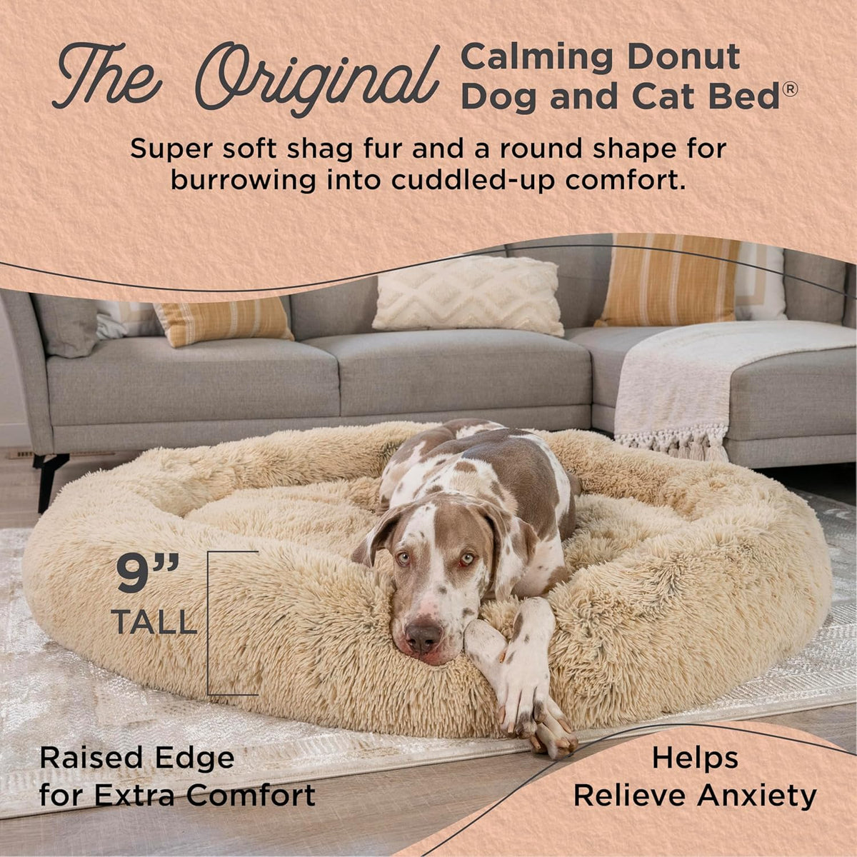 Best Friends by Sheri Original Calming Donut Dog and Cat Bed, Shag Faux Fur,Taupe, XXL (54in x