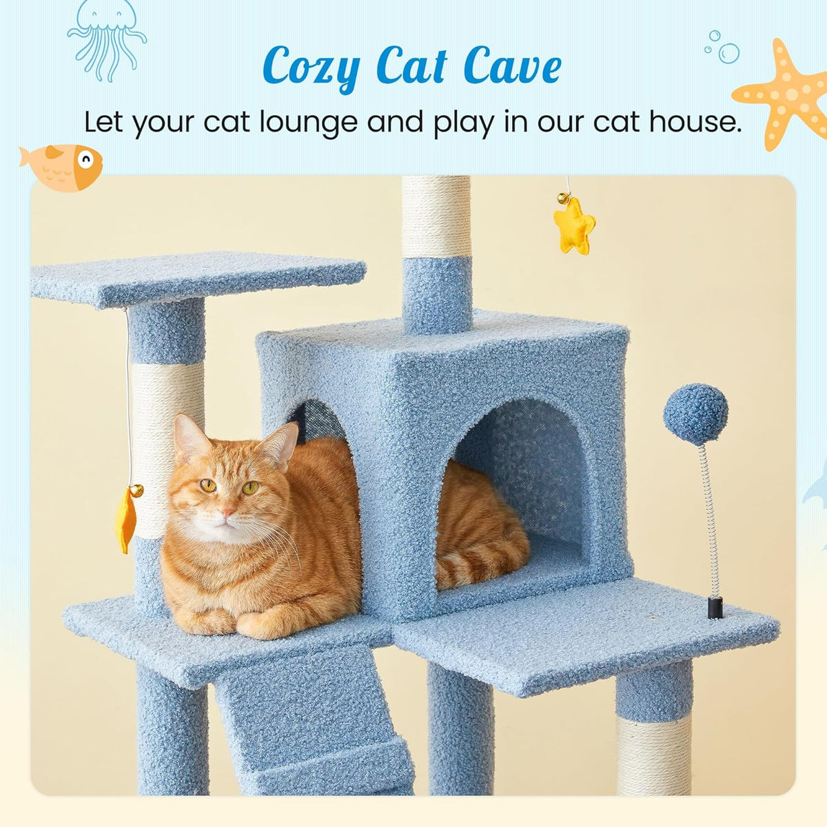 MWPO Ocean-Themed Cat Tree for Indoor Cats, 63.8 Inches Multi-Level Tower with Sisal-Covered