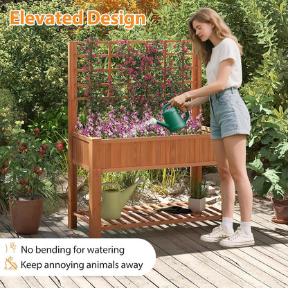 Giantex Raised Garden Bed with Trellis, Wooden Elevated Planter Box with Legs, Drainage Holes for