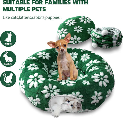 Cat Tunnel for Indoor Cats, Cute Peekaboo Cat Cave with Dangling Balls, Pet Donut Tunnel Bed with