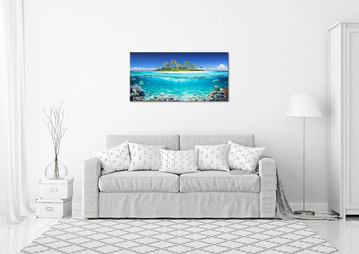 Tropical Island Coral Reef Landscape Canvas Wall Art for Living Room,Unique View Split Waterline