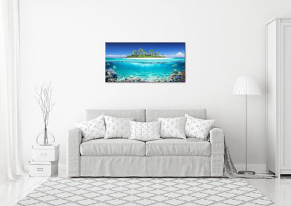 Tropical Island Coral Reef Landscape Canvas Wall Art for Living Room,Unique View Split Waterline