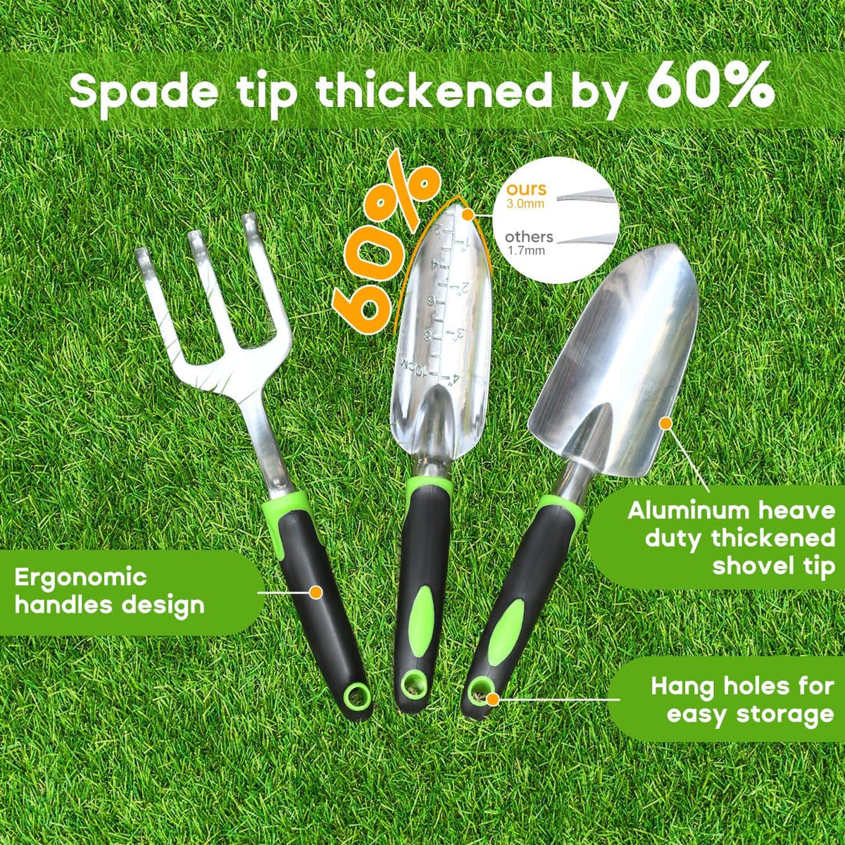 Garden Tool Set, 3 Pack Aluminum Heavy Duty Gardening Kit Includes Hand Trowel, Transplant Trowel