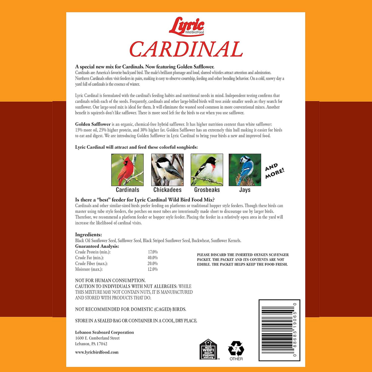 Lyric Cardinal Wild Bird Seed - Sunflower & Safflower Premium Bird Food Mix for Cardinals