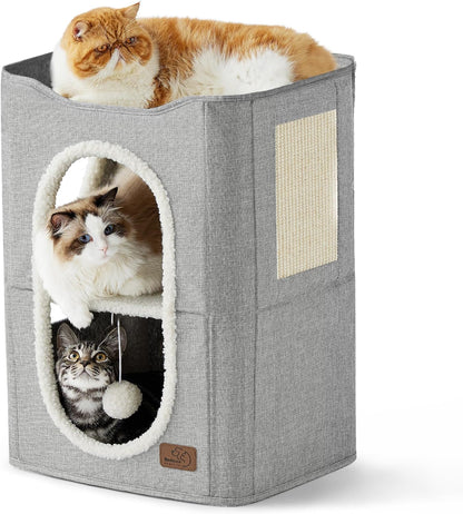 Bedsure 2 Story Cat House - Cat Condos for Indoor Cats with Scratch Pad and Fluffy Ball Hanging