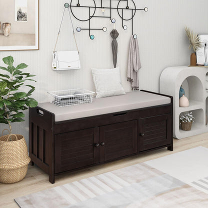 Shoe Storage Bench with 3 Shutter-Shaped Doors, Pine Wood Shoe Bench with Removable Cushion and