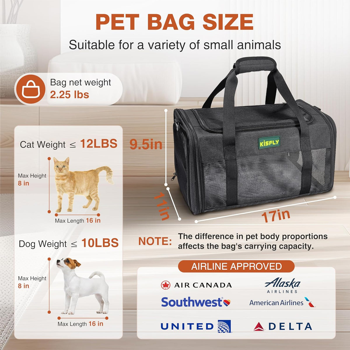 Airline Approved Cat and Small Dog Carrier – Soft-Sided, Foldable Under-Seat Travel Bag for Pets up