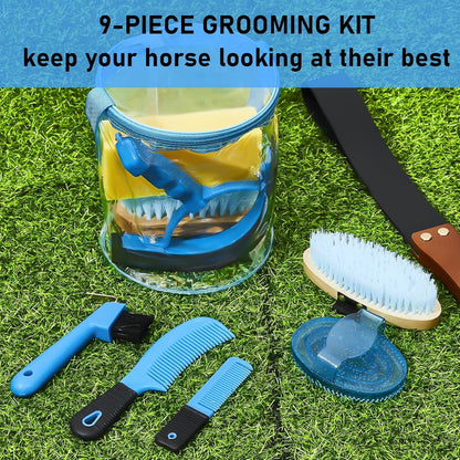 9 Pieces Horse Grooming Kit Tack Room Supplies Set with Organizer Tote Bag, Oval Massage Curry