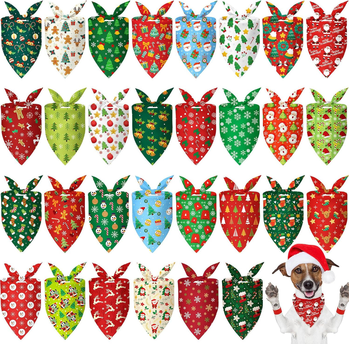 Chunful 30 Pcs Christmas Bandanas for Dogs Xmas Bandanas Bulk with Santa Snowflake Candy Cane