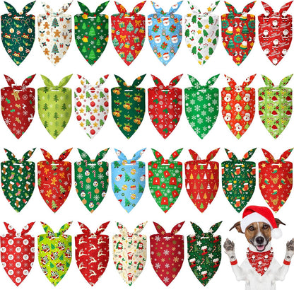 Chunful 30 Pcs Christmas Bandanas for Dogs Xmas Bandanas Bulk with Santa Snowflake Candy Cane